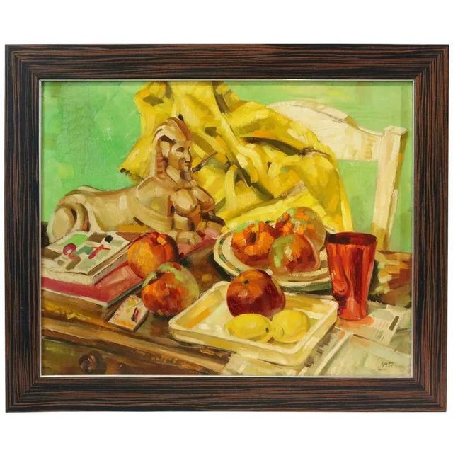 This still life painting is by the American artist Ralph Gagnon and dates to 1954. Here the artist has combined items...