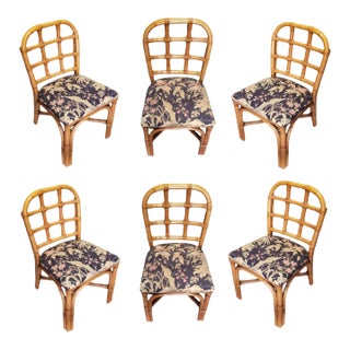 1950s Restored Rattan Dining Chairs Set With Tic-Tac-Toe Back-Set of 6 For Sale