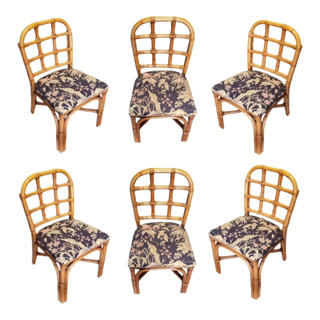 1950s Restored Rattan Dining Chairs Set With Tic-Tac-Toe Back-Set of 6 For Sale