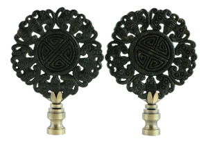 Five Great Blessings Chinese Carved Stone Lamp Finials on Antiqued Brass - a Pair