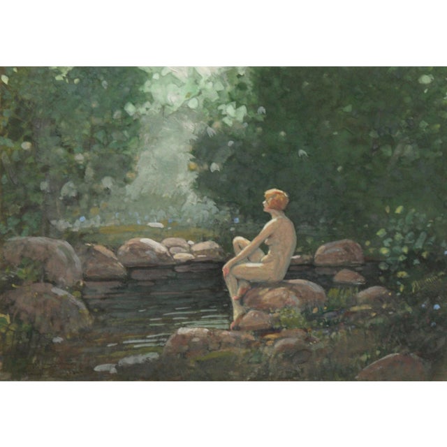 Delicate and vibrant mid-1920's depiction of a nude woman sitting on the edge of a bathing pool by John Jay Baumgartner...
