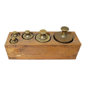 Antique Five Brass Scale Weights in Wooden Holder