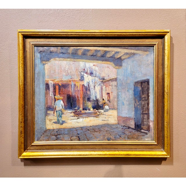 Alson Skinner Clark- Mexican Peons in a Hacienda Courtyard-Oil Painting-c1923 Impressionist Oil painting on canvas -...