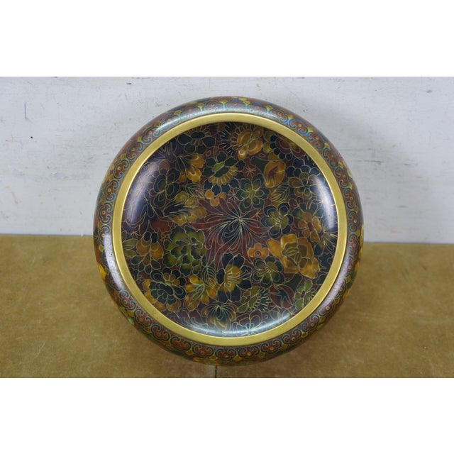 Mid 20th Century Mid 20th Century Chinese Cloisonne Enameled Brass Thousand Flowers Brush Bowl & Elm Stand For Sale - Image 5 of 13