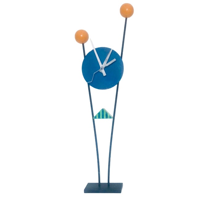 Blue Post Modern Memphis Style Rick Martin Industrial Mixed Metal Tall Iron Clock Sculpture Signed For Sale - Image 8 of 9