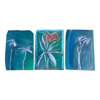 1970’s 3 Original Asymmetrical Abstract Floral Paintings /Pastel Drawings Signed-Set of 3 For Sale