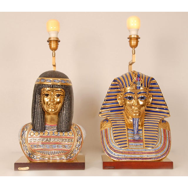 Italian Table Lamps Capodimonte Porcelain King Tut and Cleopatra Gold - A Pair For Sale - Image 6 of 17