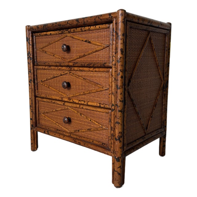 Vintage British Colonial Style Rattan Three-Drawer Nightstand For Sale
