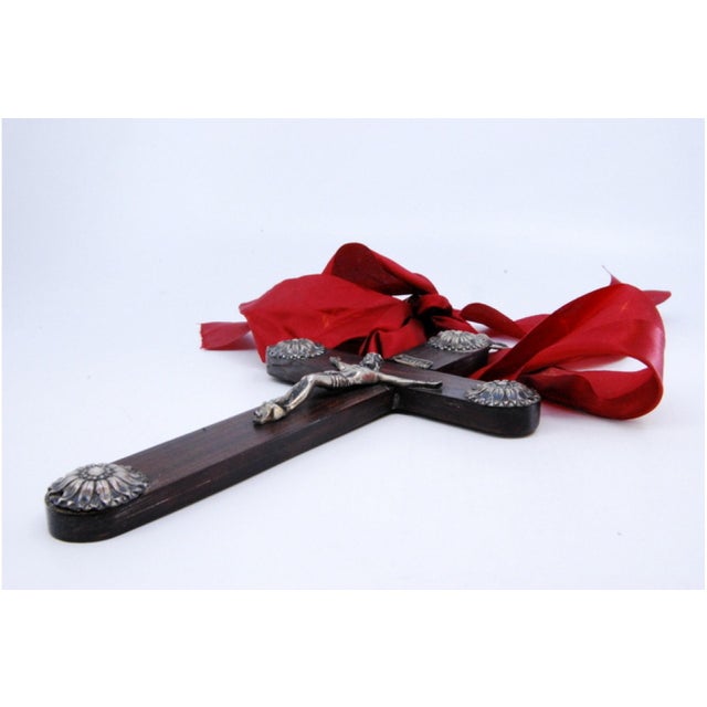 Wooden Cross with Silver Applications and Jesus Crucified with Red Fabric, in Good conditions. Designed 1920 to 1949