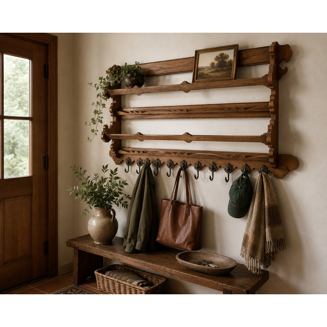 Arts & Crafts Arts & Crafts Oak Wall-Mounted Coat & Hat Rack With Lion Mask Hooks For Sale - Image 3 of 5