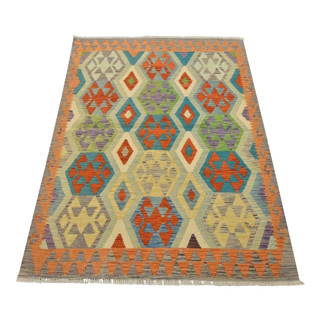 Kilim Rug 4’2” X 5’6” Multicolor Wool Tribal Handwoven Oriental Carpet For Sale