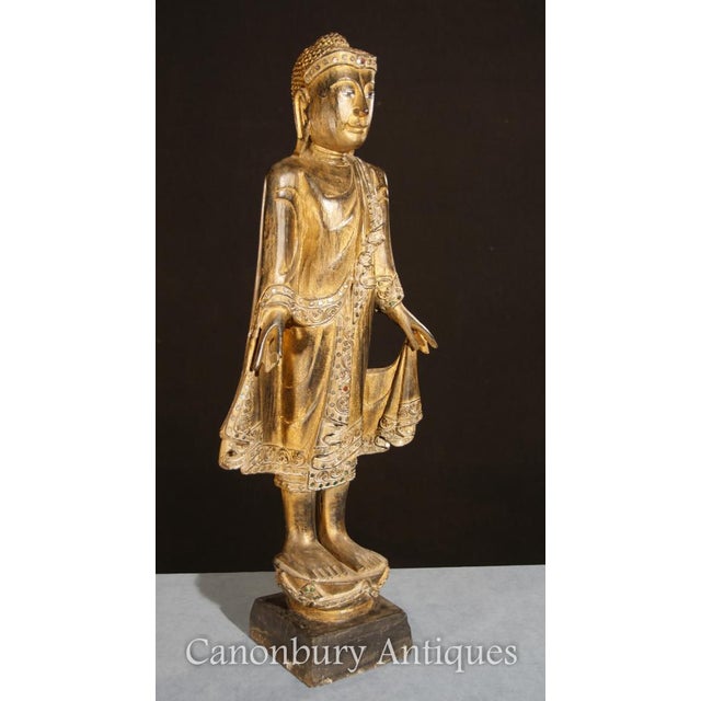2000 - 2009 Gilded Hand Carved Standing Buddha Statue Tibetan Buddhist Art For Sale - Image 5 of 8