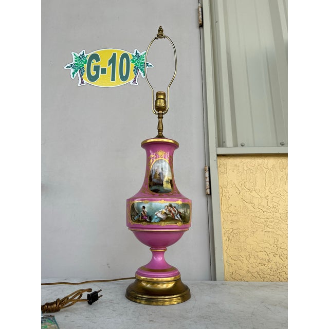 Vintage French Sevres Style Pink Porcelain Urn Table Lamp With Dual-Sided Hand-Painted Scenes For Sale - Image 9 of 12