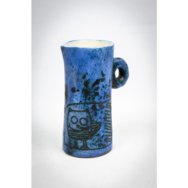 Small Mid-Century French Blue Ceramic Ewer with Engraved Decoration of Stylized Owls and Fish by Jacques Blin, 1950s For Sale - Image 6 of 15