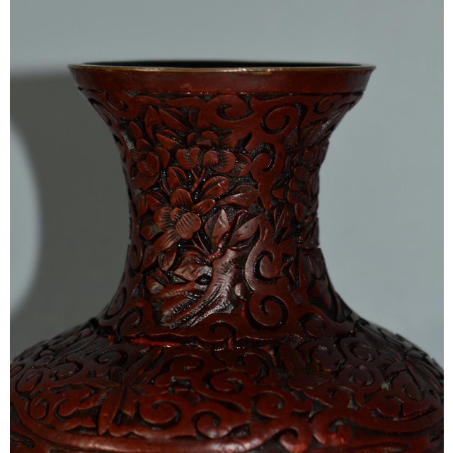 Antique Carved Chinese Figural Cinnabar Vase For Sale - Image 4 of 12