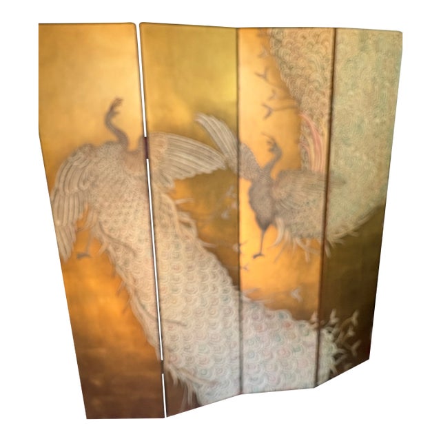 Maitland Smith Folding Screen With a Gold Leaf and Peacock Design For Sale