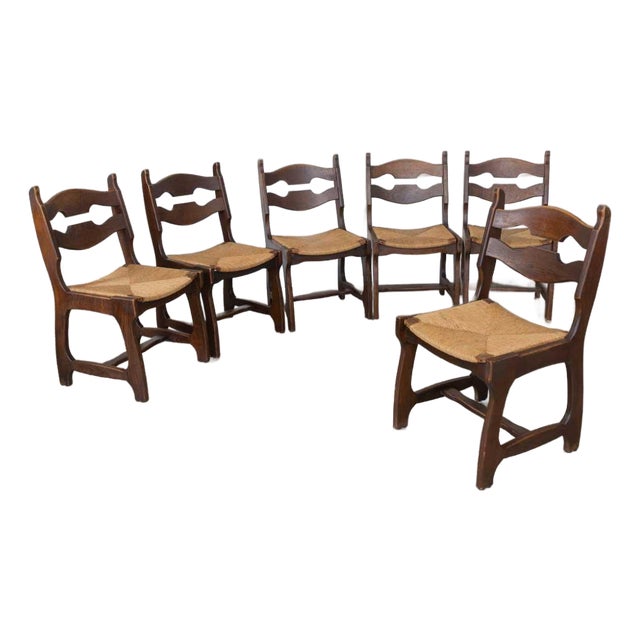 Vintage French Oak Dining Chairs in the Style of Guillerme & Chambron, Set of 6 For Sale