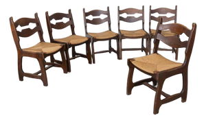 Vintage French Oak Dining Chairs in the Style of Guillerme & Chambron, Set of 6