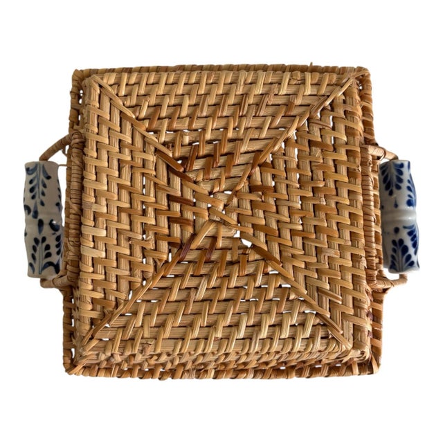 Late 20th Century Vintage Rattan Napkin Holder Blue White Porcelain Handles For Sale - Image 5 of 5
