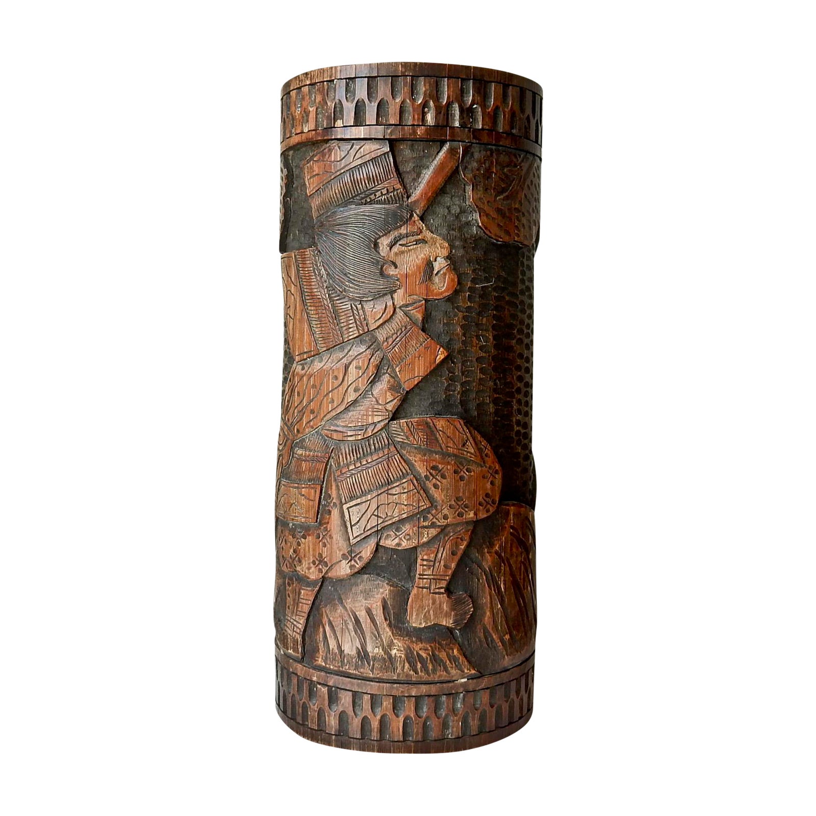 Antique Bamboo Vase, Japanese Brush Holder, Carved Wood Vase, Samurai