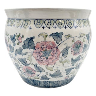 Chinese Famille Rose Style Porcelain Fish Bowl Planter — Blue & Pink Floral For Sale