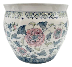 Chinese Famille Rose Style Porcelain Fish Bowl Planter — Blue & Pink Floral