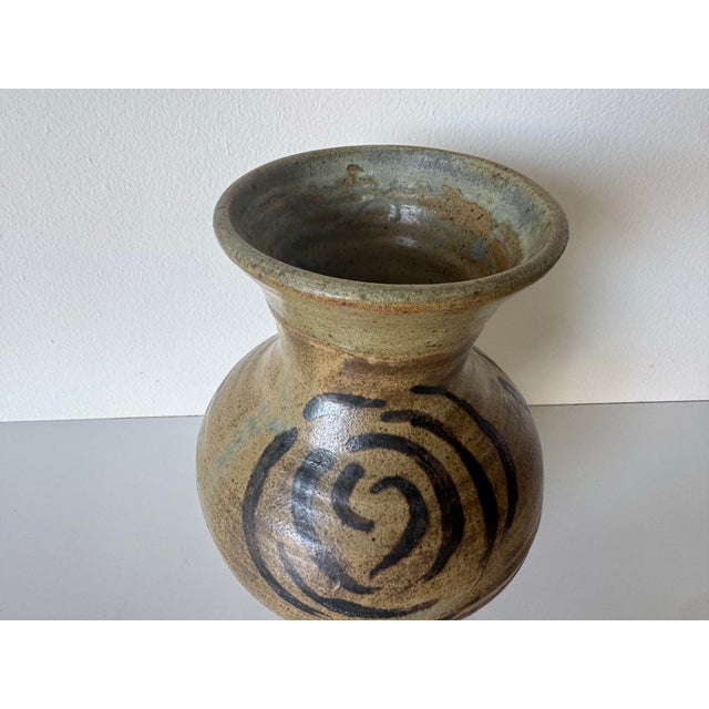 Vintage Organic Abstract Studio Pottery Vase With Hand-Painted Swirl Motif, Signed For Sale - Image 11 of 11