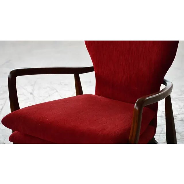 1950s Danish 1950's Lounge Chair With Slim Sculptural Carved Oak Frame For Sale - Image 5 of 9