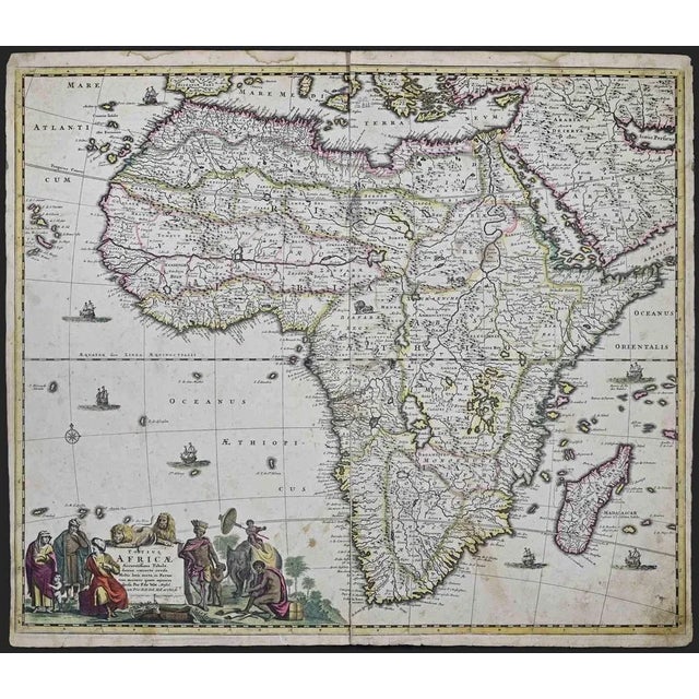 This double-page etching with contemporary coloring, entitled Totius Africae Accuratissima Tabula, was realized by the...