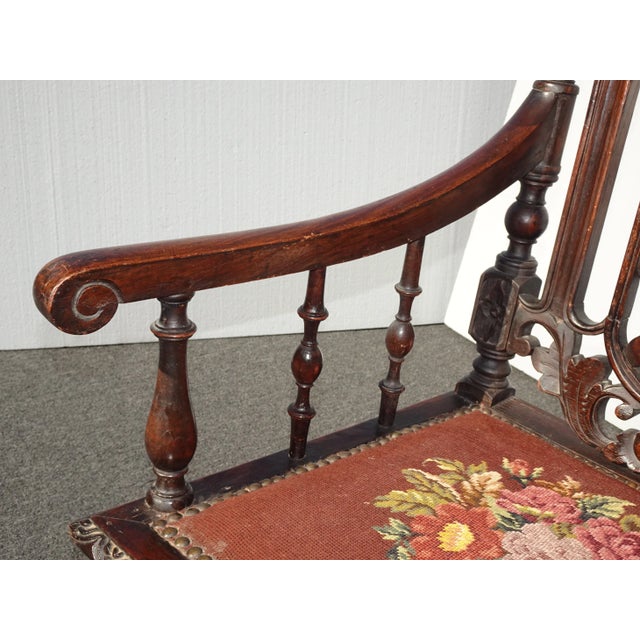 Vintage Spanish Style Highly Carved Throne Chair Needlepoint Floral Seat ~ Victorian For Sale - Image 9 of 13