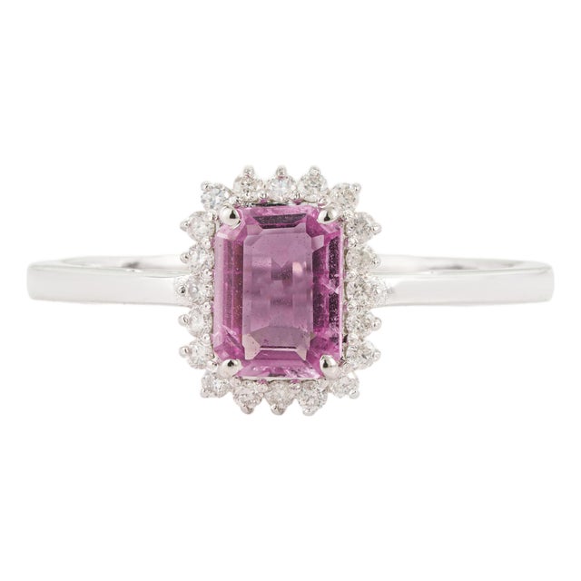 Art Deco Emerald-Cut Pink Sapphire & Diamond Halo Ring in 14k White Gold Size 6 For Sale
