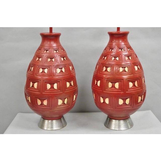 Mid-Century Modern Mid Century Modern Space Age Red Ceramic Beehive Large Table Lamps - A Pair For Sale - Image 3 of 12