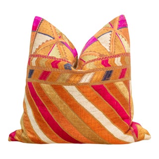 Bold Leheriiya, 20" Heirloom Bagh Phulkari Pillow For Sale