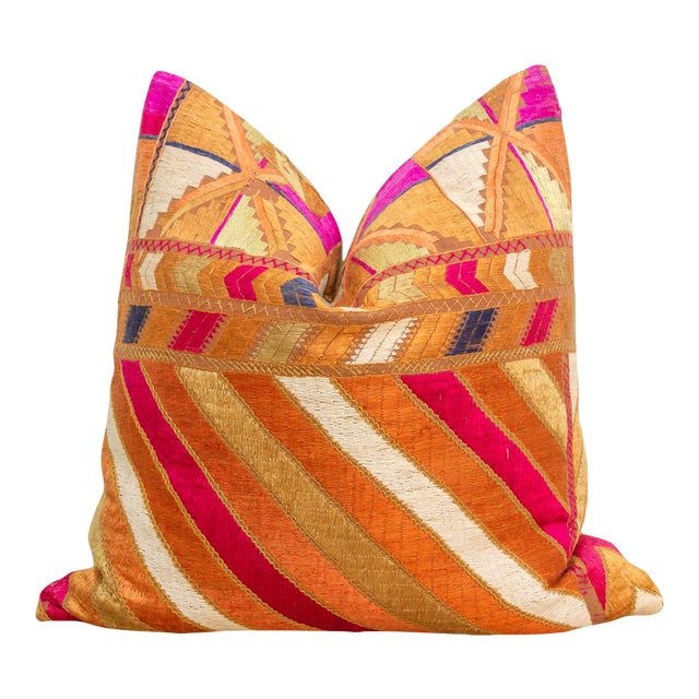 Bold Leheriiya, 20" Heirloom Bagh Phulkari Pillow For Sale