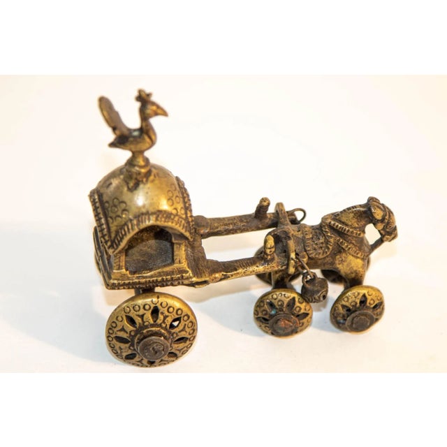 Metal Antique Hindu Bronze Temple Horse and Chariot Statue Toy on Wheels India For Sale - Image 7 of 12