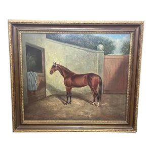 Antique Early 20th Century English Oil Painting Race Horse 'Spion Kop' Winner Derby Stakes by Freder
