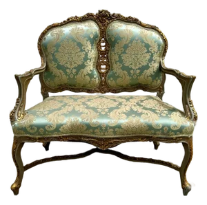 1990s Baroque Style Hight-Back Settee Sky Blue Color and Gold Leaf Details