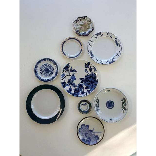Olive and Navy Blue Chinoiserie Flowers and Borders Wall Plate Curation-Set of 9 For Sale - Image 13 of 13