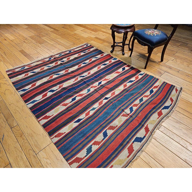 French Country Vintage Caucasian Kilim Rug, Handwoven Wool, Geometric Stripes, Blue & Ivory, 6' x 8' For Sale - Image 3 of 8