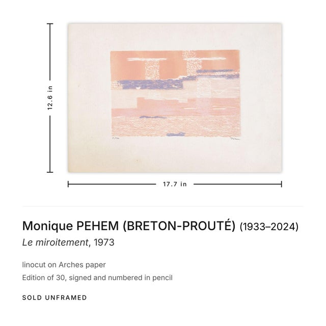 Shabby Chic 1973 Monique Pehem (Breton-Prouté) Le Miroitement Signed Linocut For Sale - Image 3 of 3