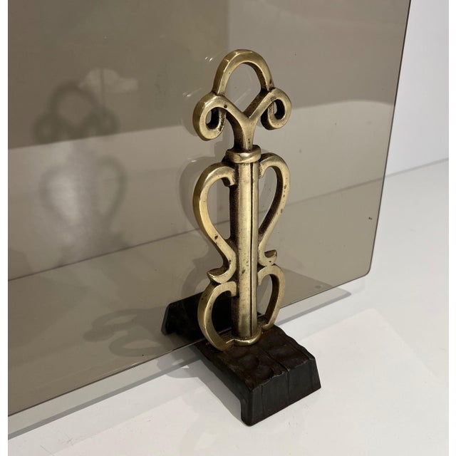 Mid-Century Modern Modernist Smoked Glass and Bronze Fire Screen in the Style of Raymond Subes For Sale - Image 3 of 12