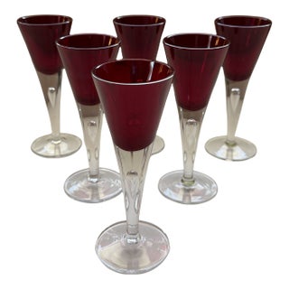 Vintage Mid-Century ModernPolish Ruby Red Art Glass Cordial Glasses Set of 6 Stemware For Sale
