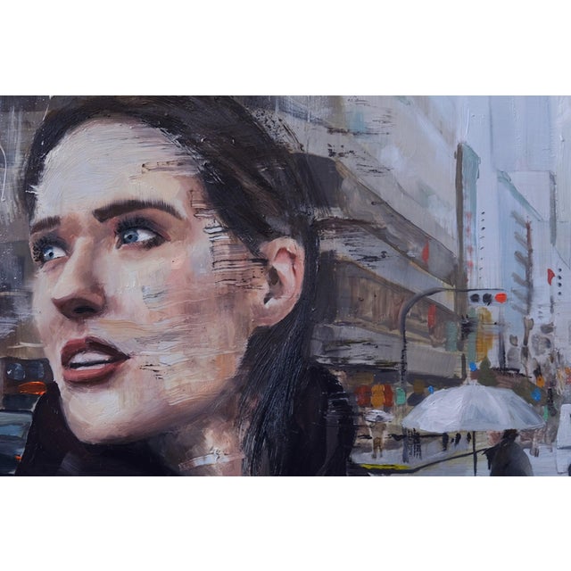 Contemporary Bound by Stefan Smit | Oil on Panel Woman in a city street looking upwards on a rainy day. For Sale - Image 3 of 4