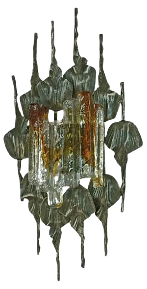 Large Brutalist Iron & Ice Murano Glass Sconce / Wall Lamp, 1960s