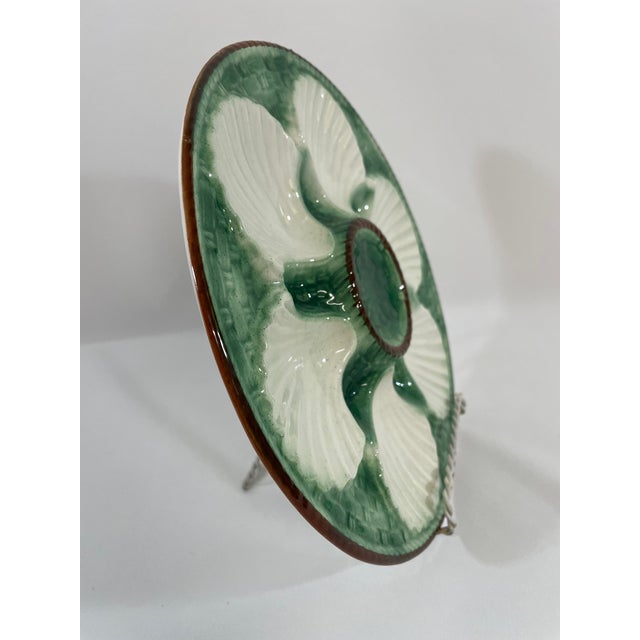 1920s Antique French Longchamp Majolica Green and White Oyster Plate For Sale - Image 9 of 13