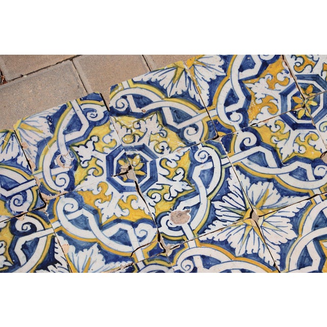 17th Century Portuguese Antique Tiles Set of 40 Blue, Yellow & White Geometric Floral For Sale - Image 11 of 18