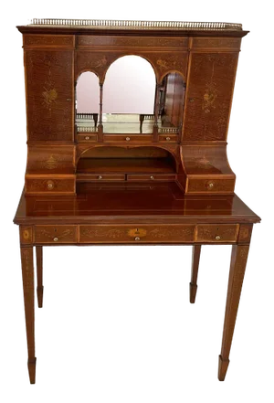 Antique Victorian Inlaid Mahogany Freestanding Desk, 1880s