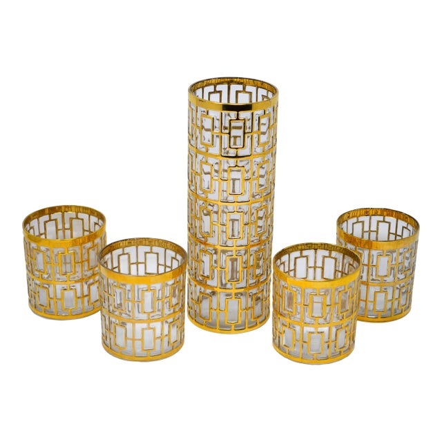 1960s Imperial Glass Shoji Trellis 22 Carat Gold Plated Bud Vase Cocktail Glasses Mixer Set - Set of 5 For Sale