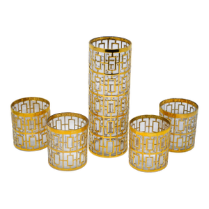 1960s Imperial Glass Shoji Trellis 22 Carat Gold Plated Bud Vase Cocktail Glasses Mixer Set - Set of 5