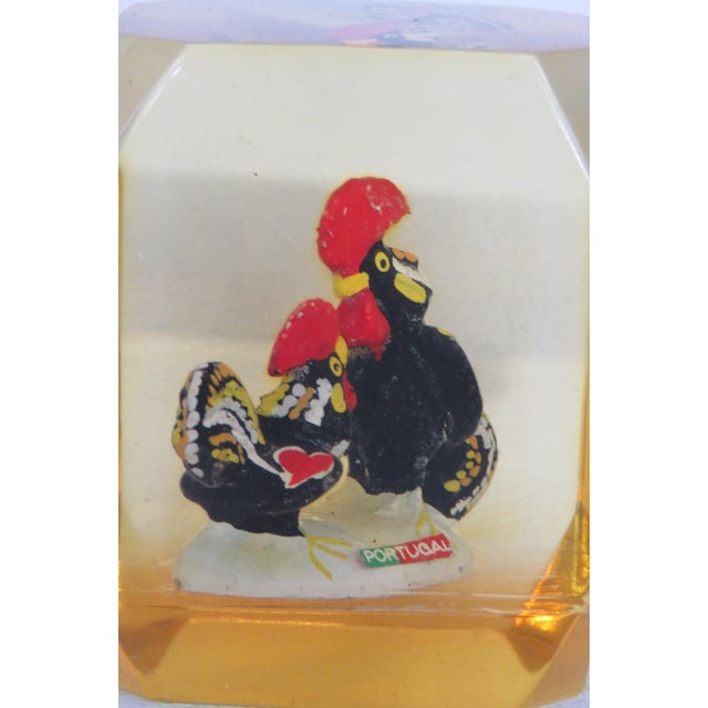 Mid 20th Century Barcelos Roosters Encased Lucite Souvenir Paperweight Amber Tinted Acrylic 5105b For Sale - Image 5 of 15